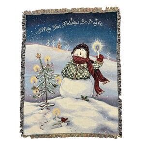 May Your Holidays Be Bright Snowman Winter Tapestry Afghan Fringe Throw Blanket